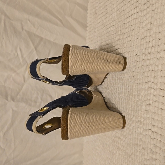 Splendid Blue Denim Khaki Canvas Slingblack Wedge Espadrille Sandals size 7 - Picture 3 of 8